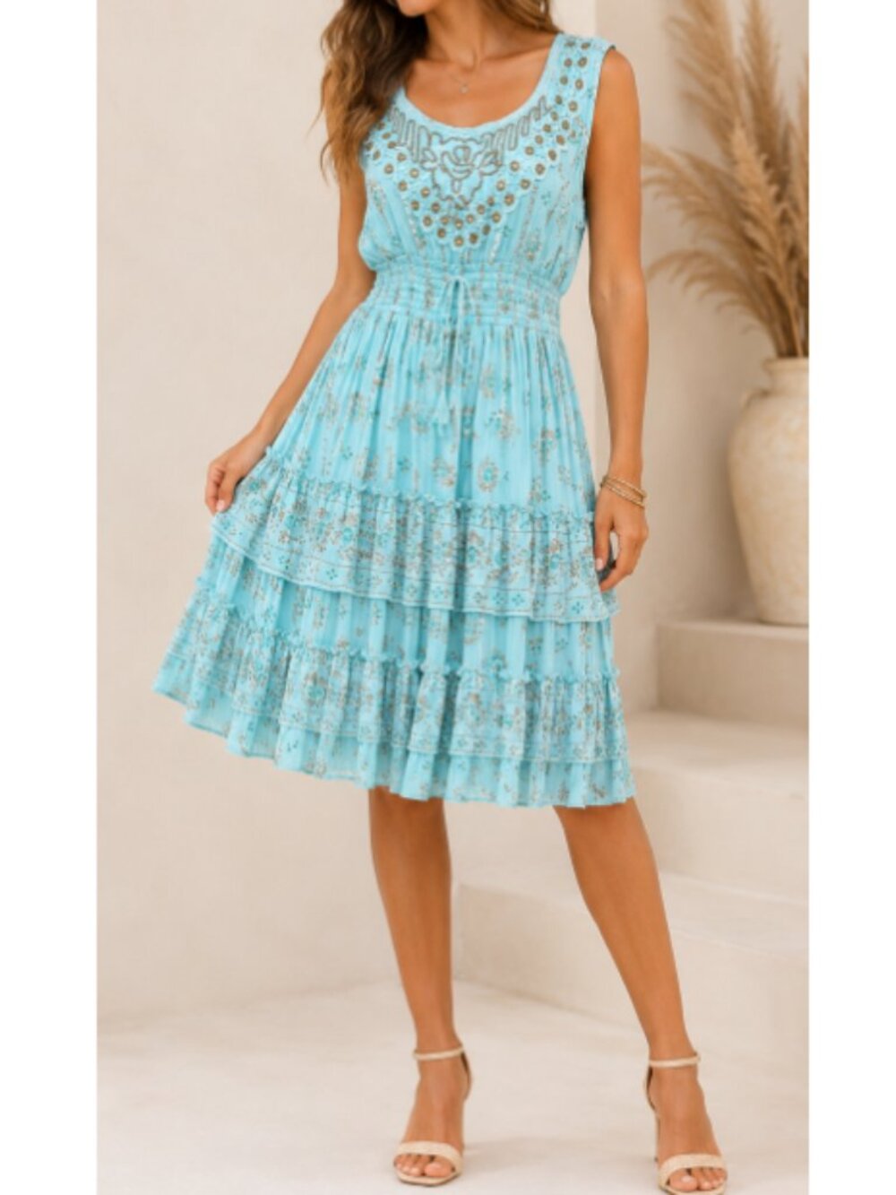 New Stunning ANANTA Women's Turquoise Embroidered Tiered Mini Dress Size L/XL
